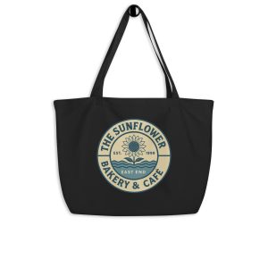 Black East End eco tote with Sunflower graphic.