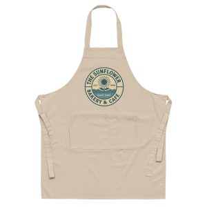 Natural rope Bakery organic cotton apron with Sunflower logo.