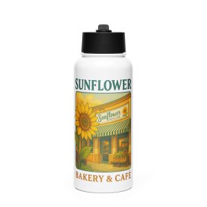 White Bakery water bottle with straw lid and Sunflower logo.