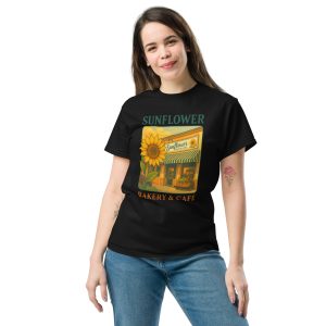 Black Bakery tee with Sunflower logo.