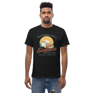 Black Good Mornings tee with Sunflower graphic.