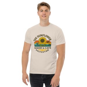 Natural Galveston tee with Sunflower Bakery graphic.