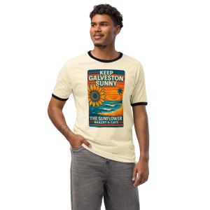 Natural and black Keep Galveston Sunny ringer tee.