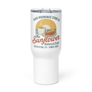 White Good Mornings travel mug with handle.
