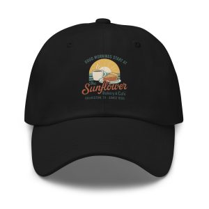 Black Sunflower dad hat with embroidered bakery logo.