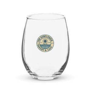 Stemless Sunflower glass with bakery logo.