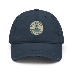 Navy Galveston distressed dad hat with Sunflower graphic.