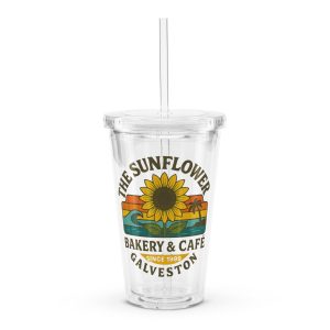 Clear Sunflower tumbler with bakery graphic and straw.