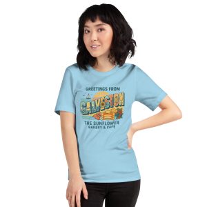 Ocean blue Greetings from Galveston tee.