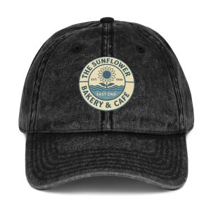 Black vintage Sunflower cap with embroidered bakery logo.
